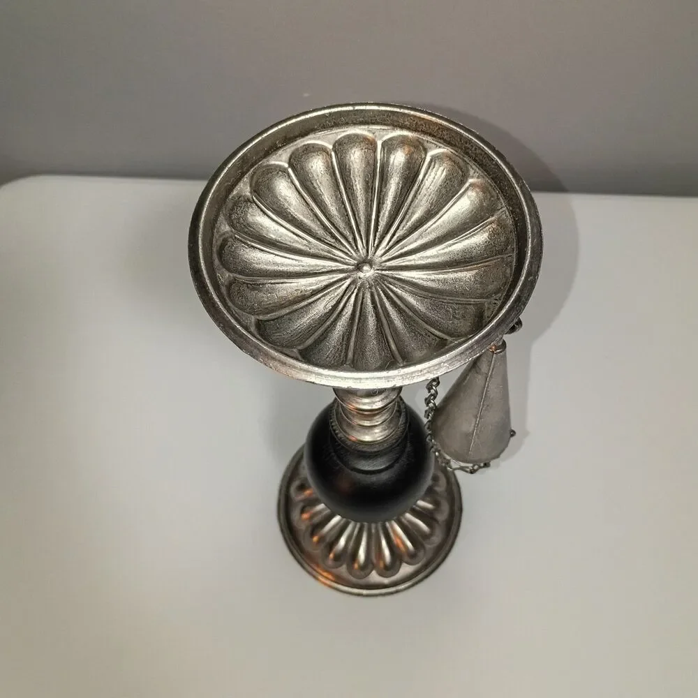 Vintage Dilly Antique Metal Finish Wood Pillar Candle Holder Attached Snuffer